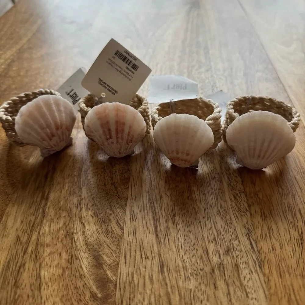 NWT Pier 1 Imports Natural Seashell Napkin Ring Set of 4 Jute Beach Theme Shells